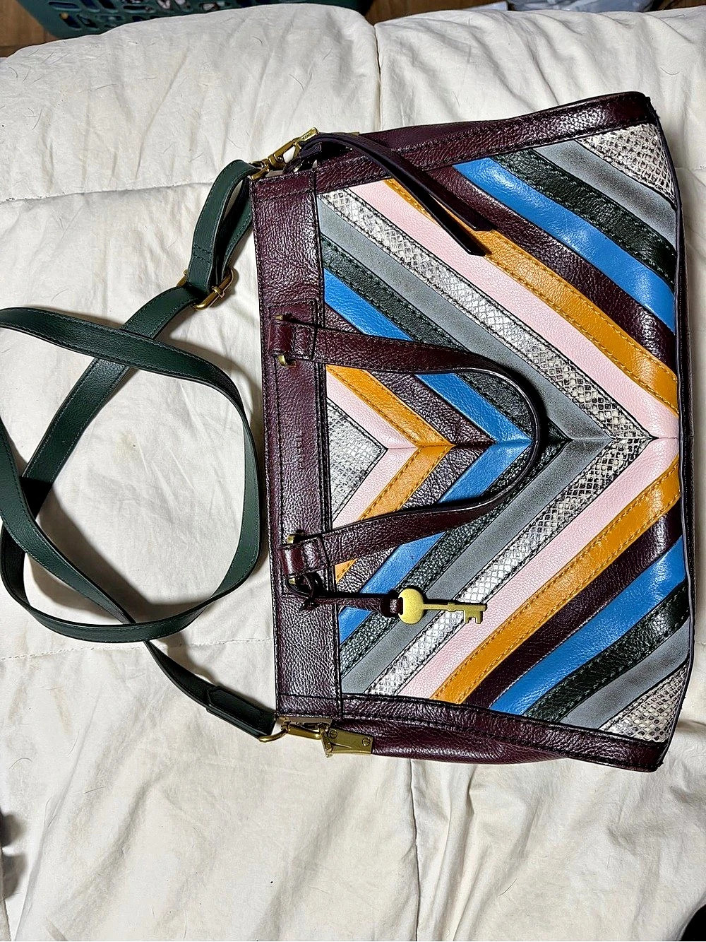 Fossil Fiona Multicolor Chevron Satchel Burgundy & Green